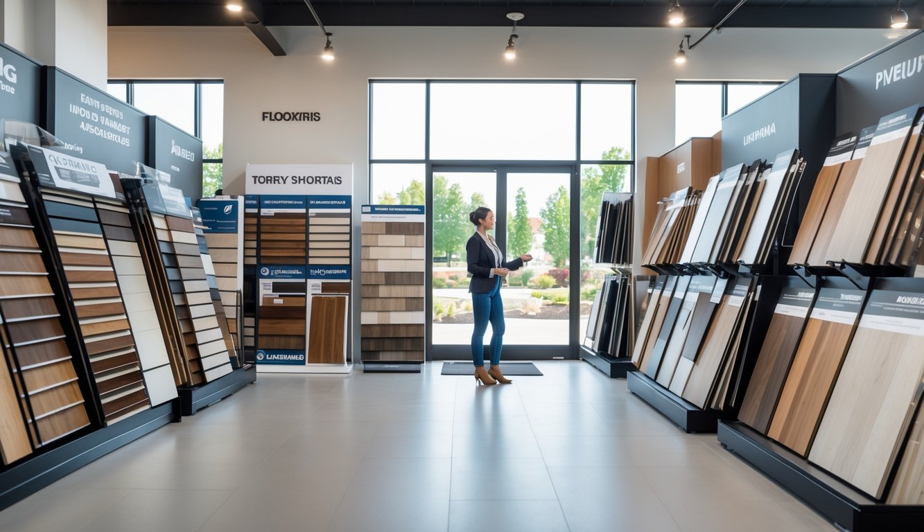 A customer and sales associate in a flooring showroom looking at a limited selection of flooring samples.