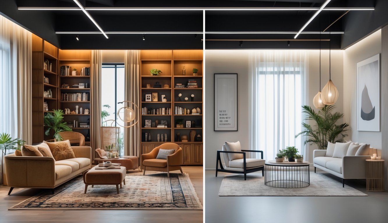 A bright showroom displaying two different living room setups side by side, one warm and cozy, the other sleek and minimalist.
