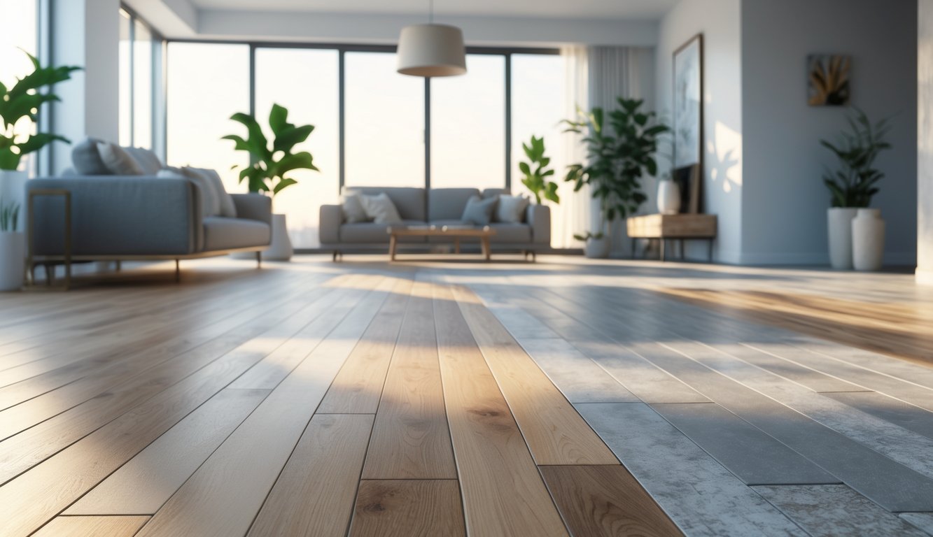 Interior room showing different types of flooring including hardwood, laminate, vinyl, and stone tiles under natural light.