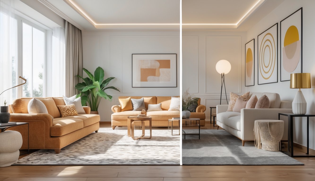 A living room divided into two sections showing different interior decor styles side by side with natural light coming through large windows.