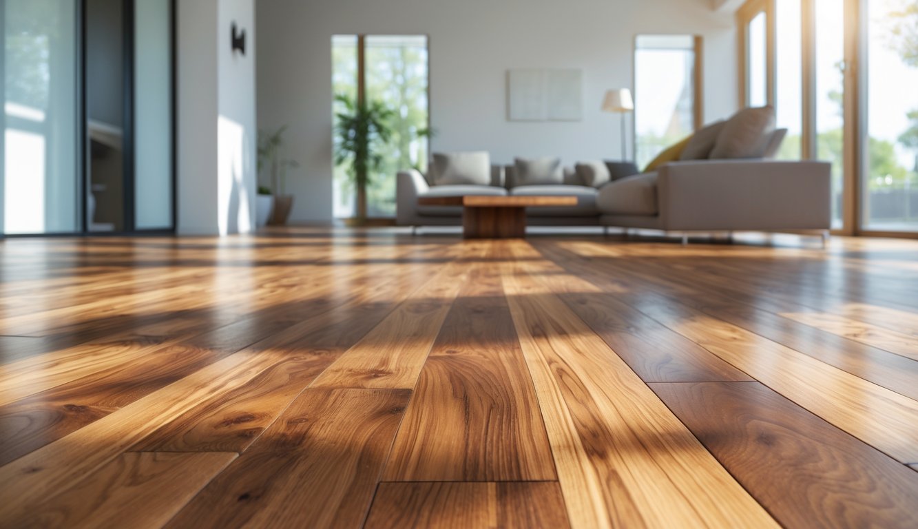 A bright living room with polished hardwood flooring, sunlight coming through large windows, and minimalist furniture.