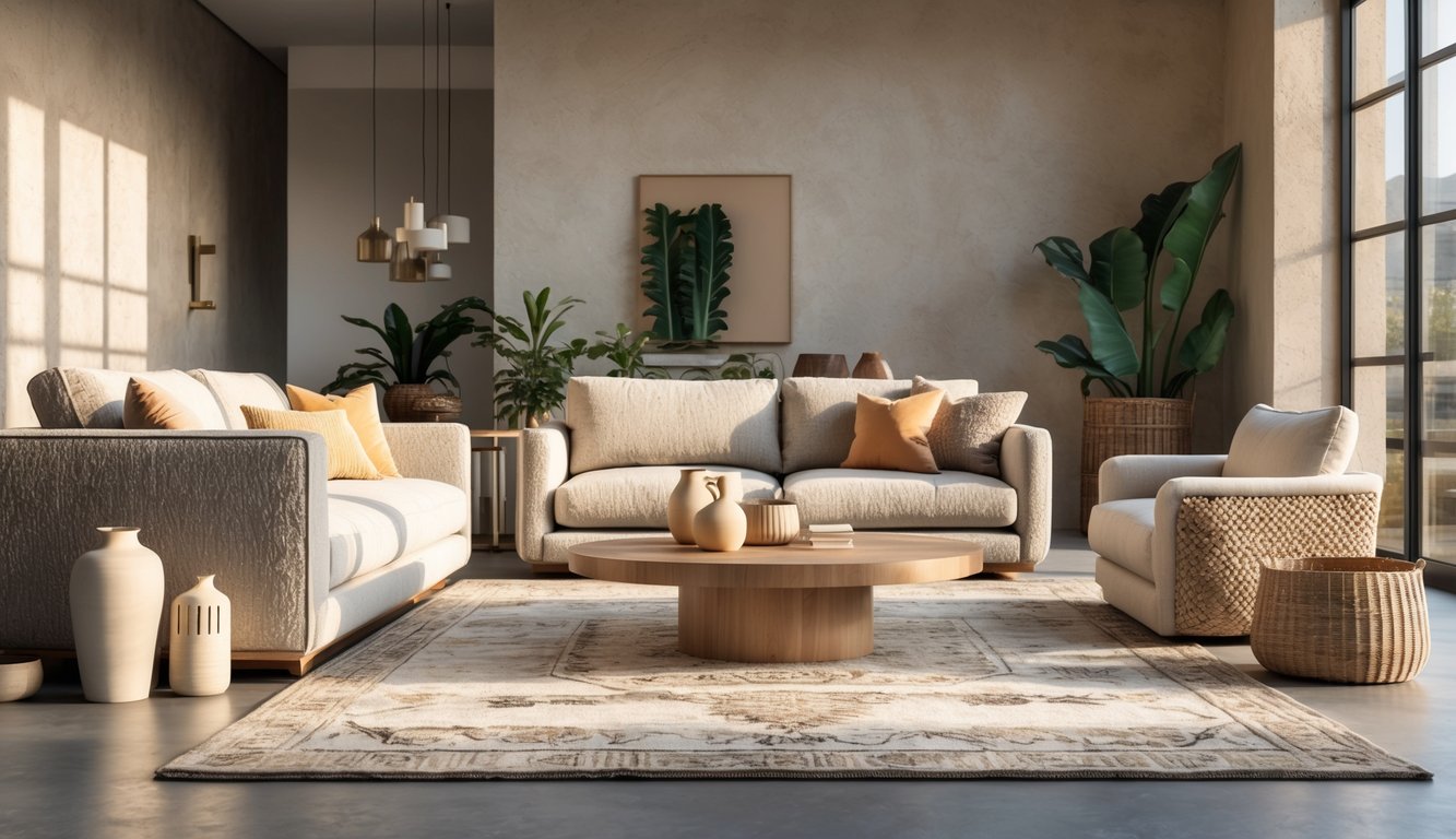 A bright modern living room with a sofa, wooden coffee table, decorative vases, woven baskets, and textured walls illuminated by natural light.
