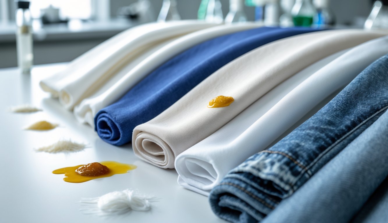 Close-up of different fabric swatches with some showing stains and others clean, placed on a white surface with a blurred laboratory background.