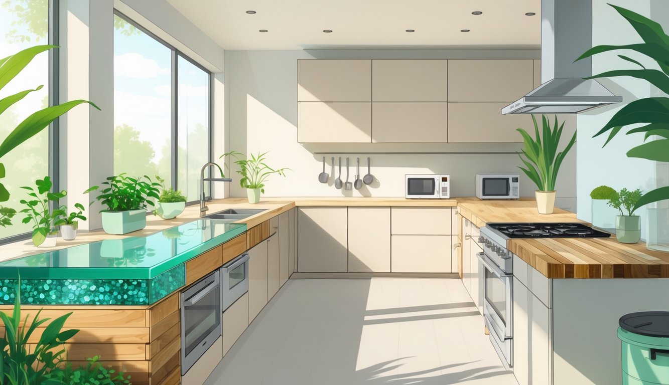 A modern kitchen with eco-friendly countertops made of recycled glass, bamboo, and reclaimed wood, surrounded by plants and sustainable kitchen items.