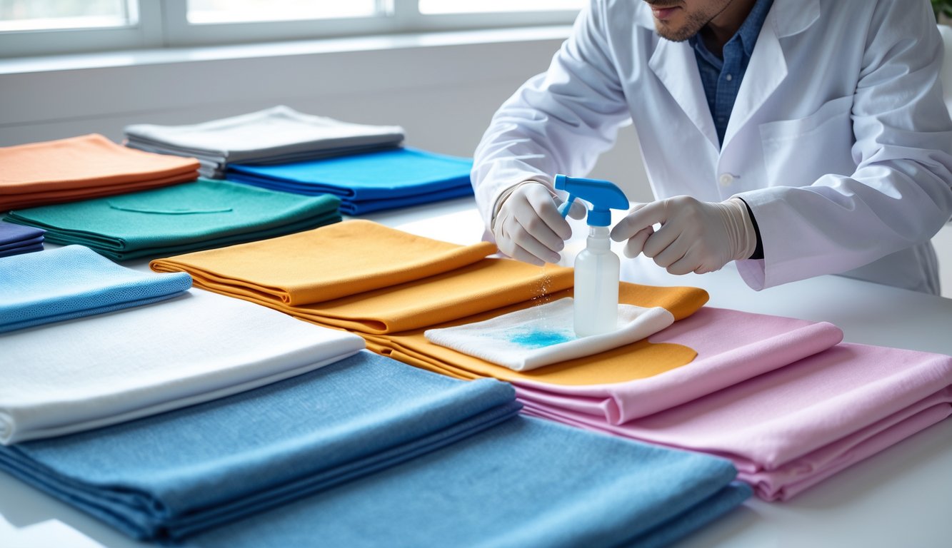 A researcher in a lab coat examining various clean fabric swatches on a table in a bright laboratory.
