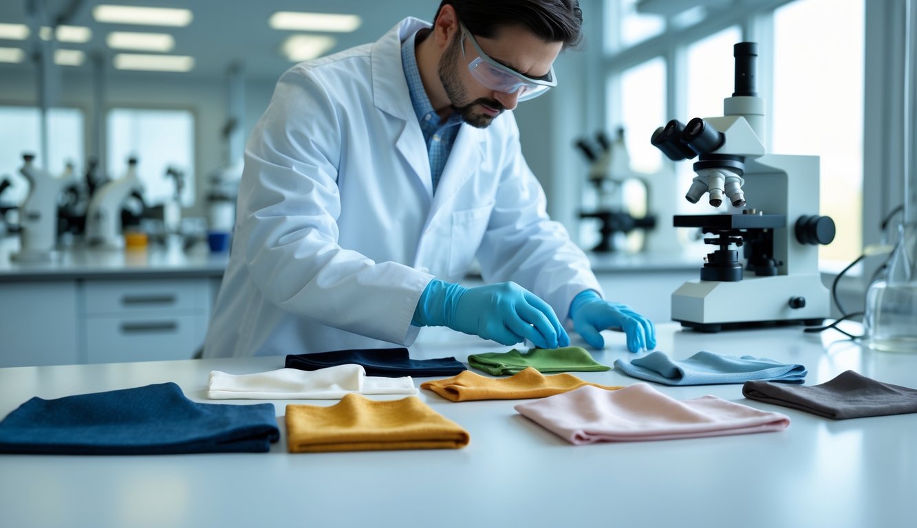 A scientist in a lab coat examines various clean fabric samples in a laboratory setting with scientific equipment in the background.