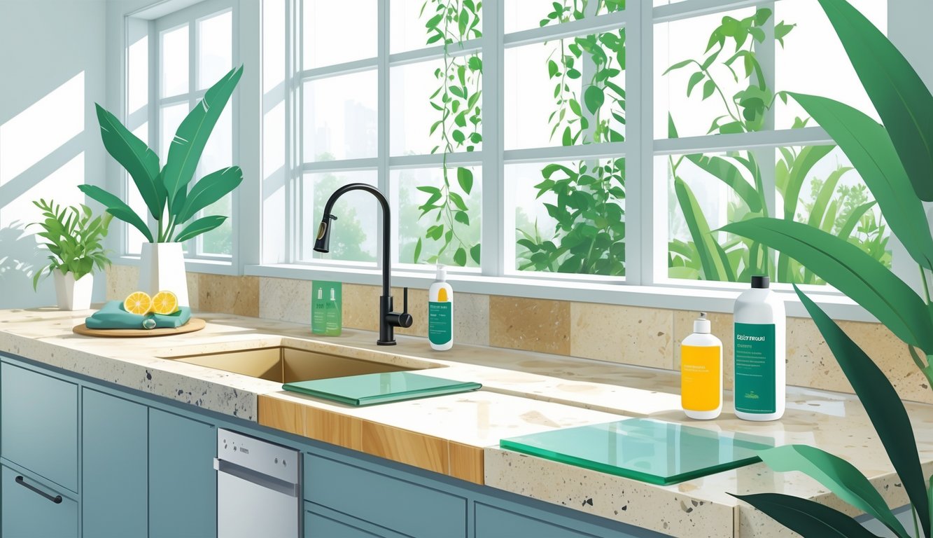 A modern kitchen countertop made from sustainable materials with cleaning supplies nearby and plants in the background.