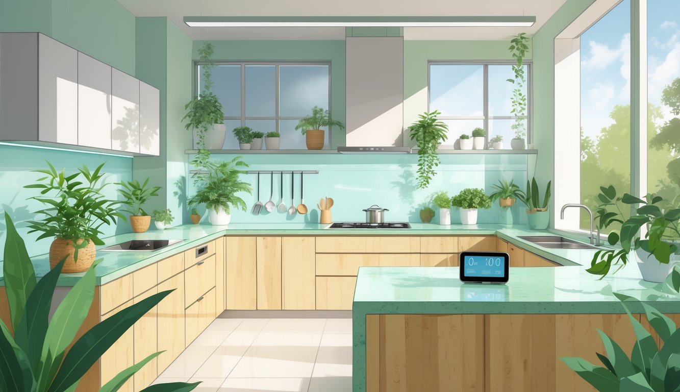 A modern kitchen with eco-friendly countertops, indoor plants, and an air quality monitor showing healthy air levels.
