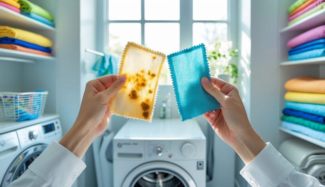 A person in a bright laundry room compares two fabric swatches, one stained and one clean, with shelves of folded fabrics and a washing machine in the background.