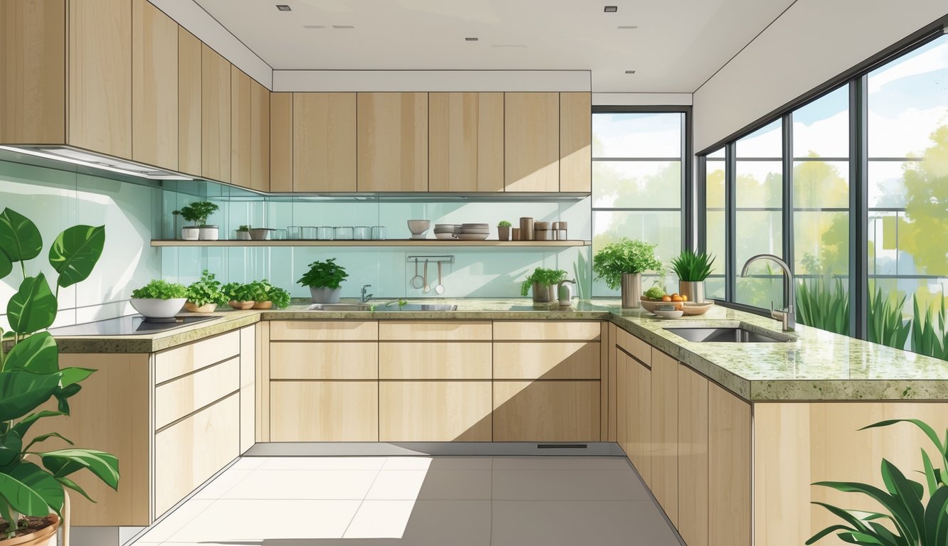 A modern kitchen with eco-friendly countertops, wooden cabinets, stainless steel appliances, and indoor plants by large windows.
