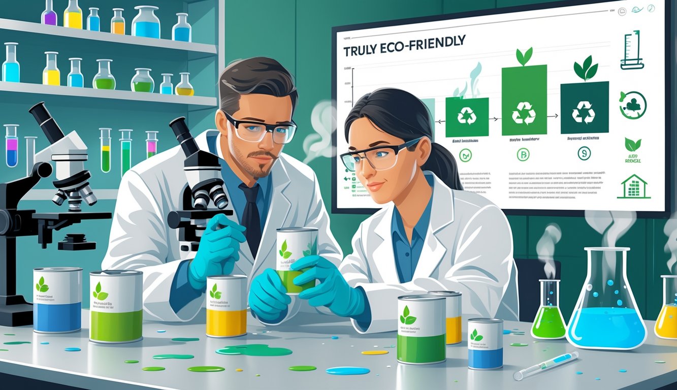 Two experts in a laboratory examining paint cans labeled as eco-friendly with scientific equipment and charts in the background.