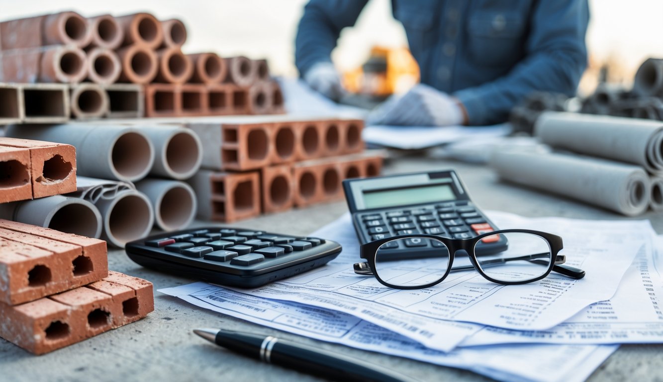 Close-up of building materials with a calculator and invoices on a construction site, and a worker reviewing documents in the background.