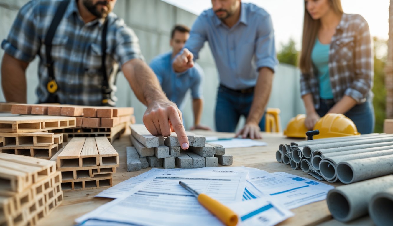 A contractor and homeowner examining building materials and invoices at a construction site with construction tools and a partially built wall in the background.