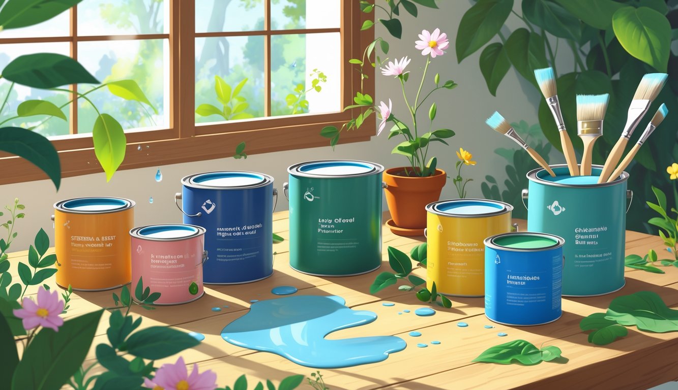 A table with paint cans and brushes surrounded by green leaves and plants, showing natural ingredients representing eco-friendly paints.