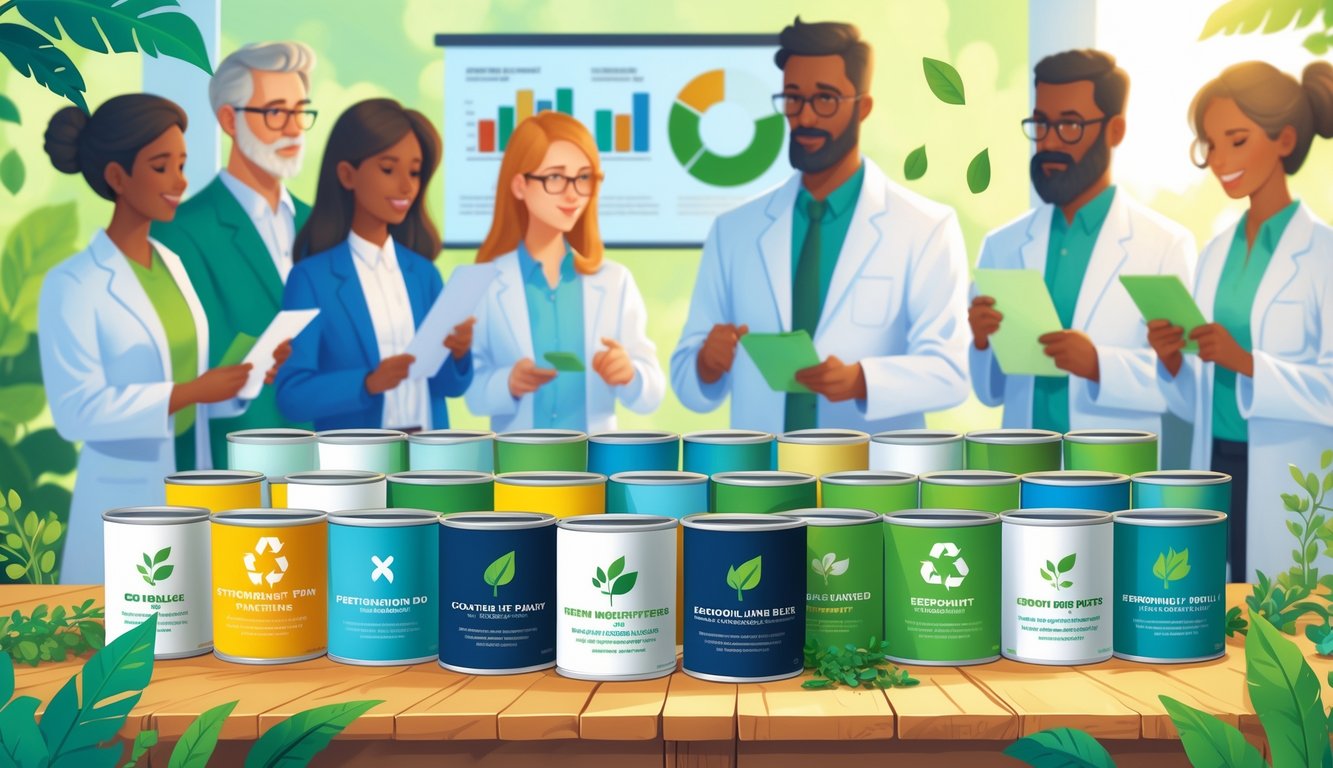 Paint cans with eco-friendly certification symbols on a table surrounded by plants, with experts discussing in the background.