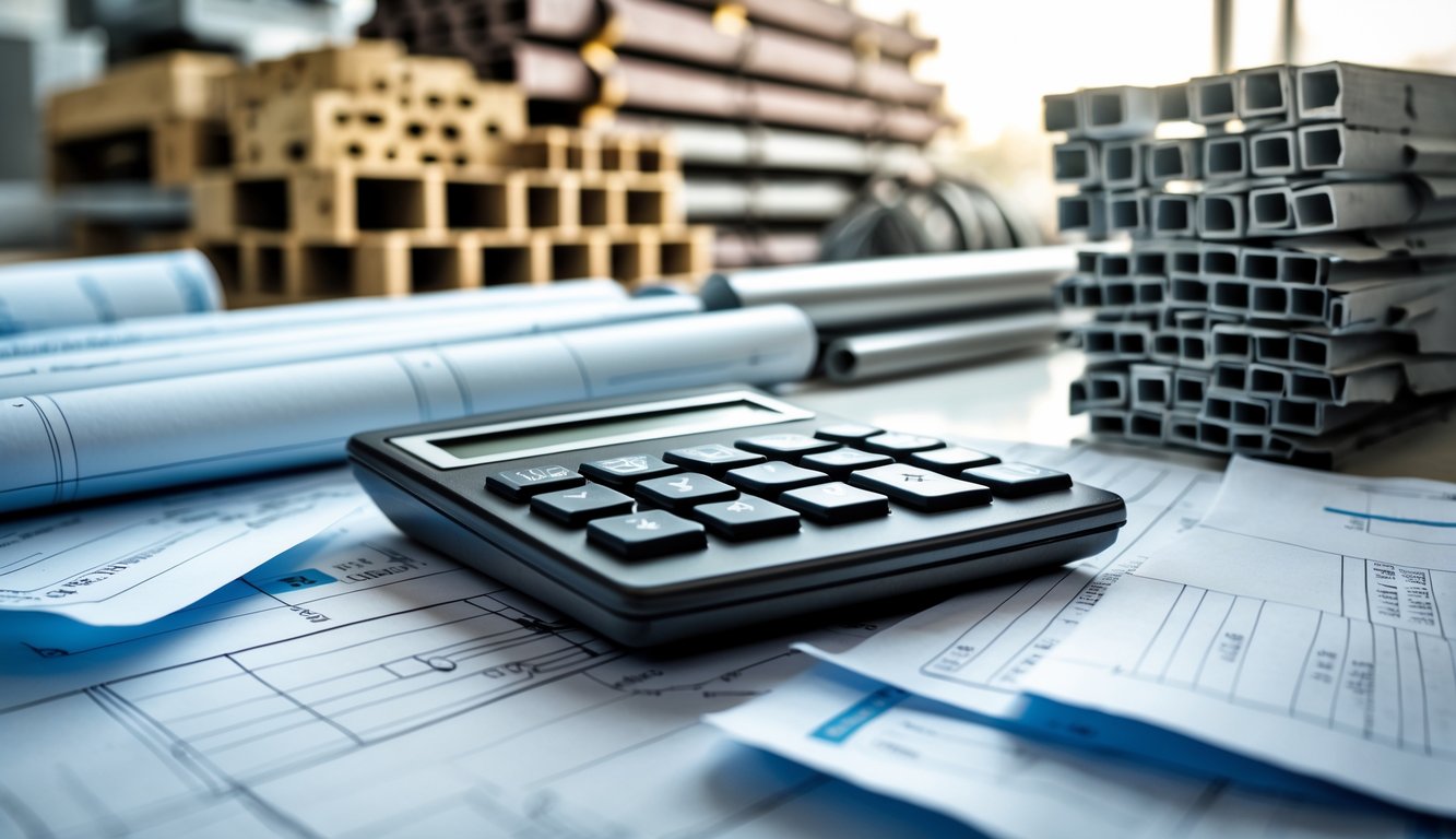 A construction site office desk with blueprints, a calculator, and receipts, with stacks of building materials in the background.