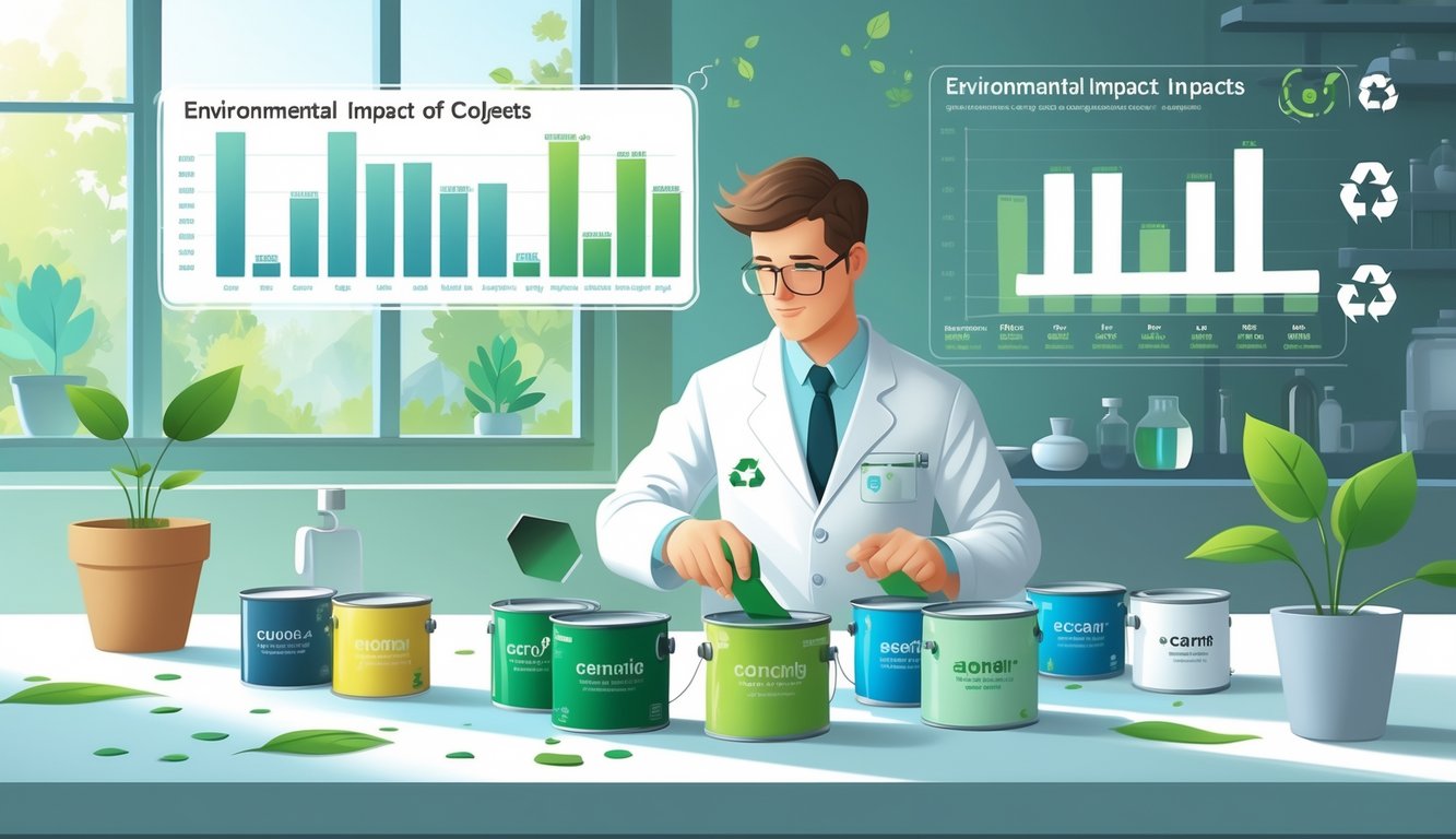 A scientist in a laboratory comparing different paint samples with eco-friendly symbols, surrounded by charts and natural elements like plants and sunlight.