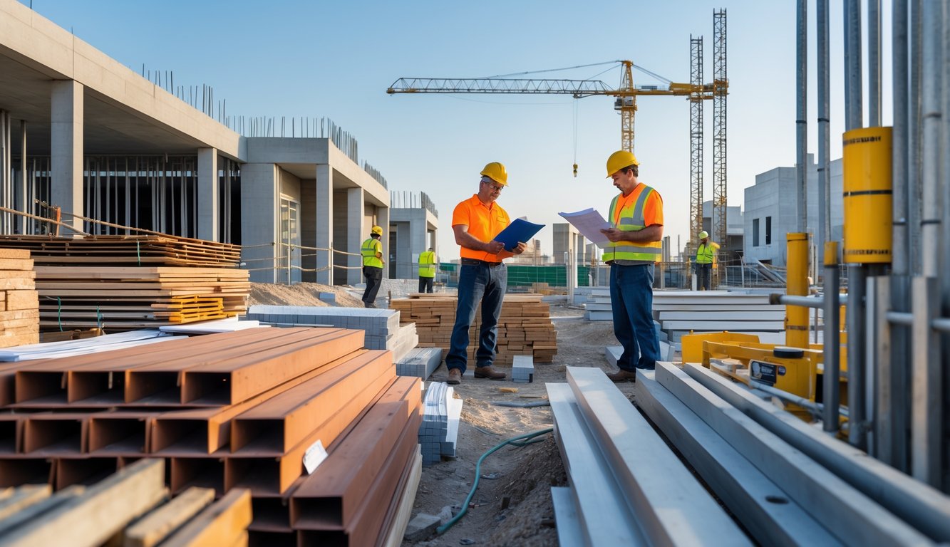 Construction site with building materials, utility workers inspecting installations, and a project manager reviewing plans.