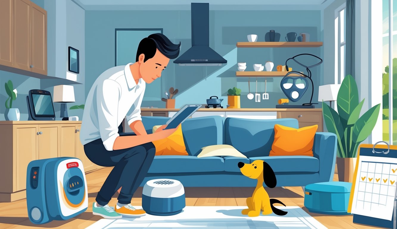A homeowner inspecting household products with a clipboard and smartphone in a well-lit living room.