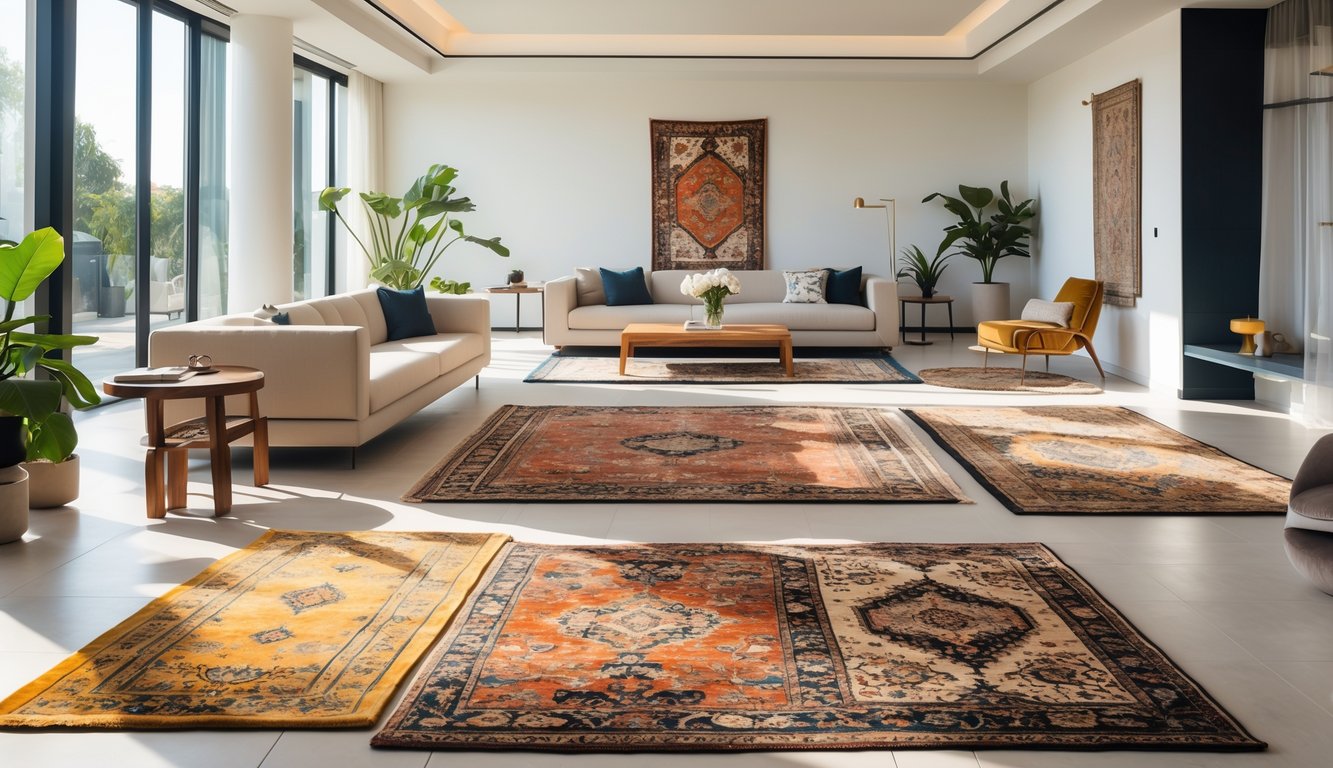A modern living room with several different high-quality rugs displayed on the floor, surrounded by furniture and natural light.
