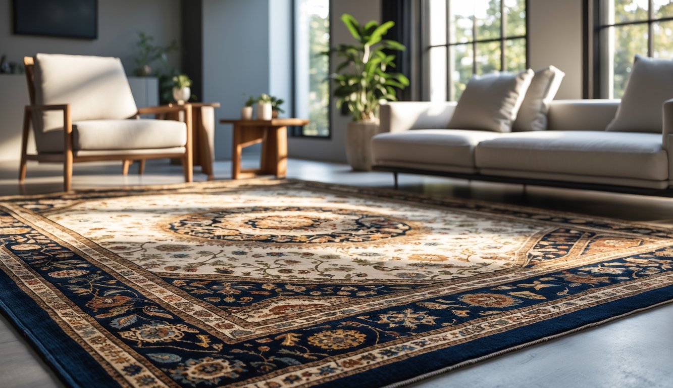 A living room with a luxurious patterned rug on the floor, surrounded by modern furniture and natural light from large windows.