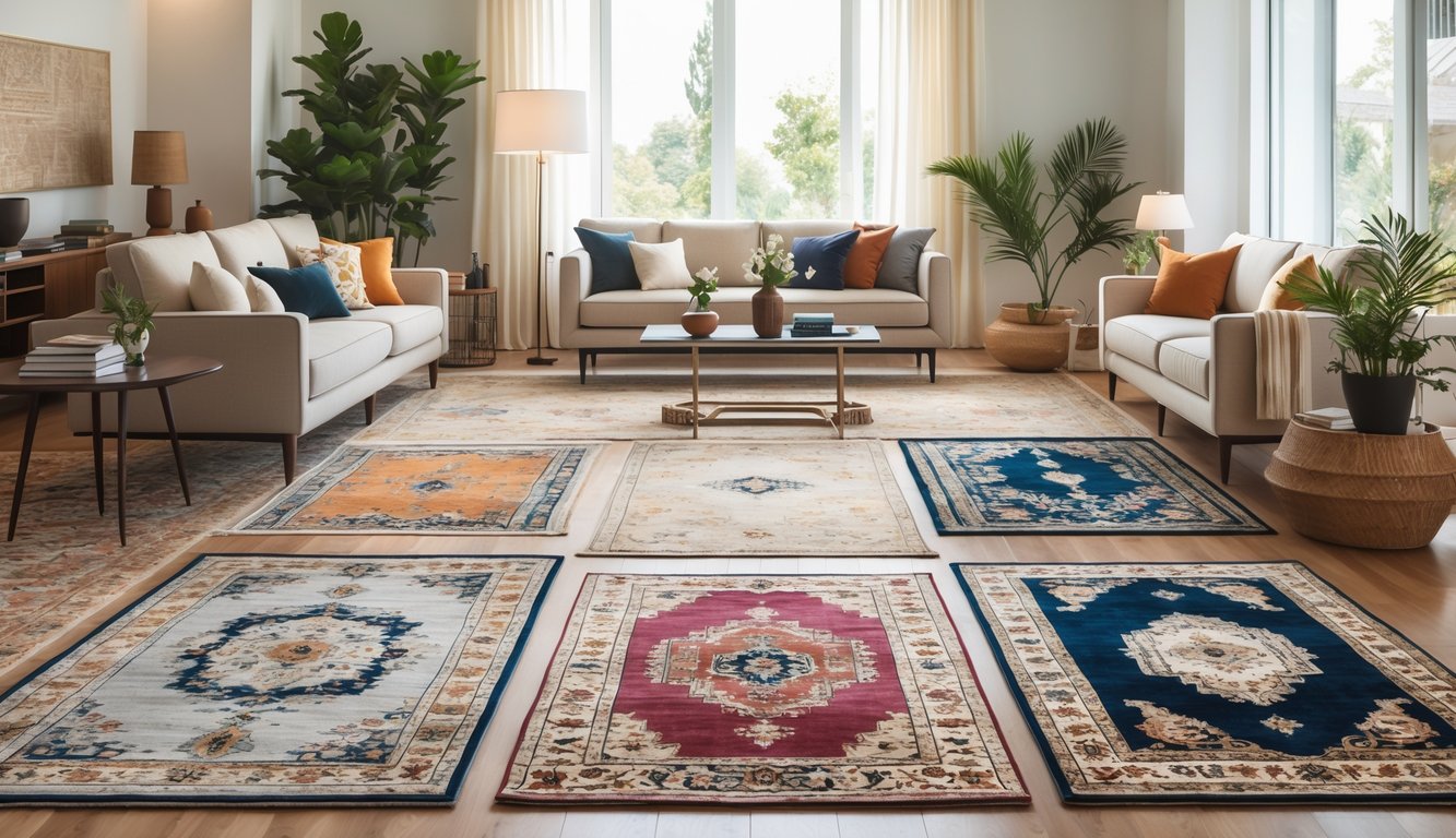 A living room with several high-quality rugs displayed under natural light, featuring a sofa, coffee table, and decorative plants.