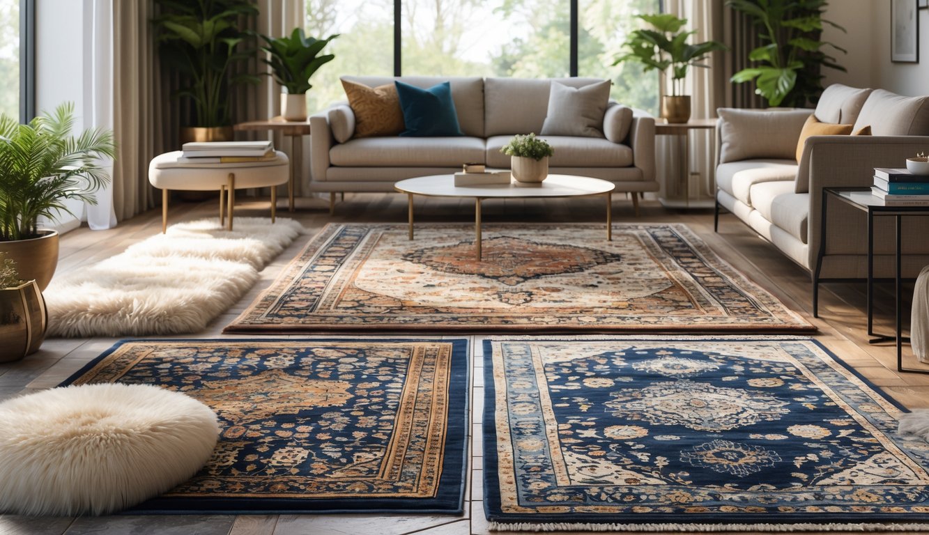 A bright living room with several different rugs displayed on the floor alongside modern furniture and plants.