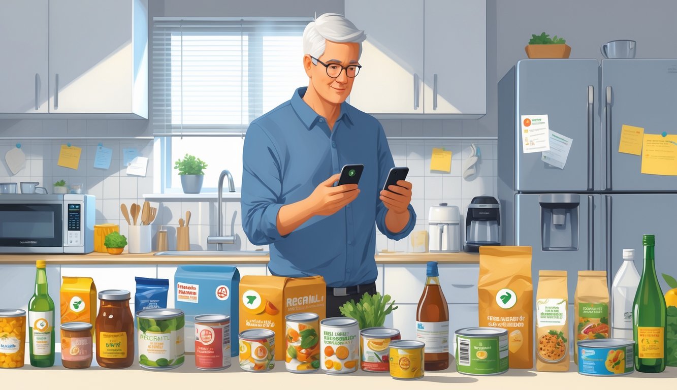A homeowner in a kitchen inspecting food and beverage products on the countertop while checking a smartphone for recall information.