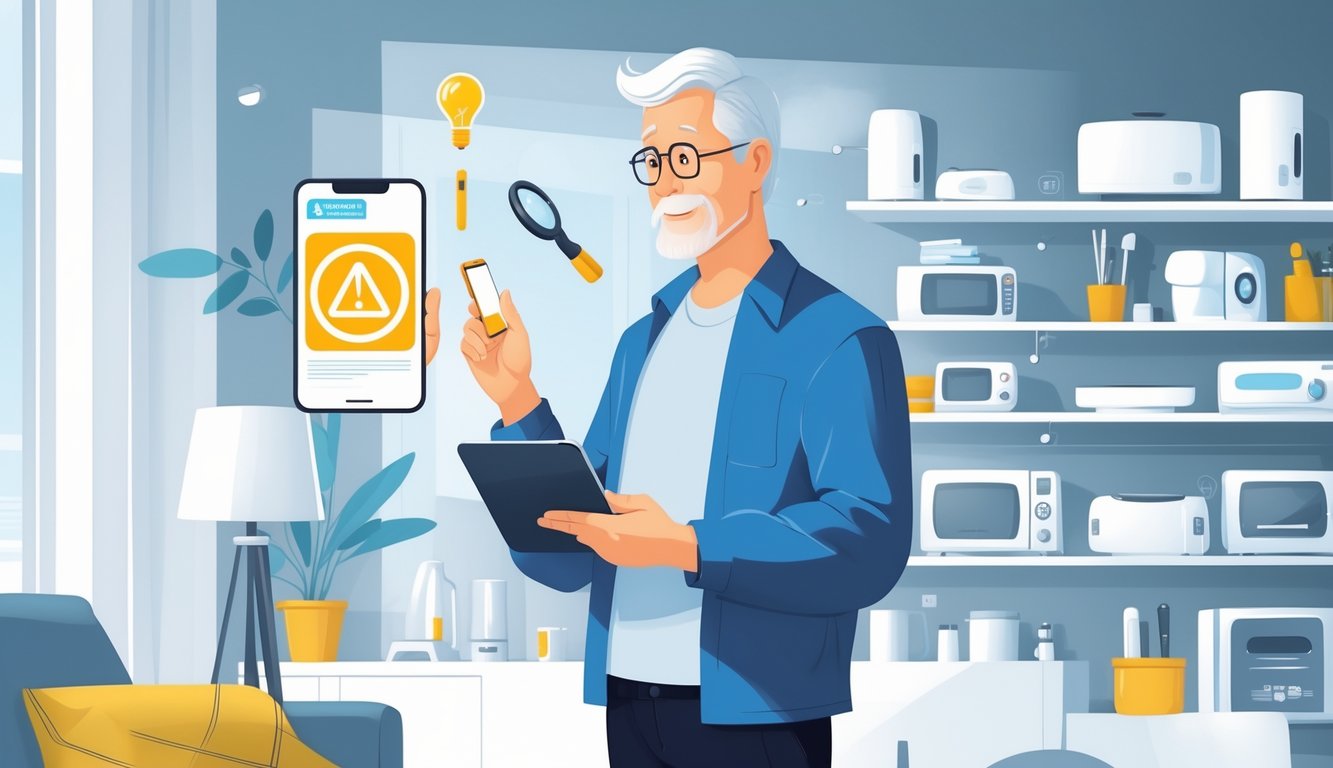 A homeowner looking at a tablet with a recall alert symbol in a living room surrounded by household items, symbolizing checking product recalls before home updates.