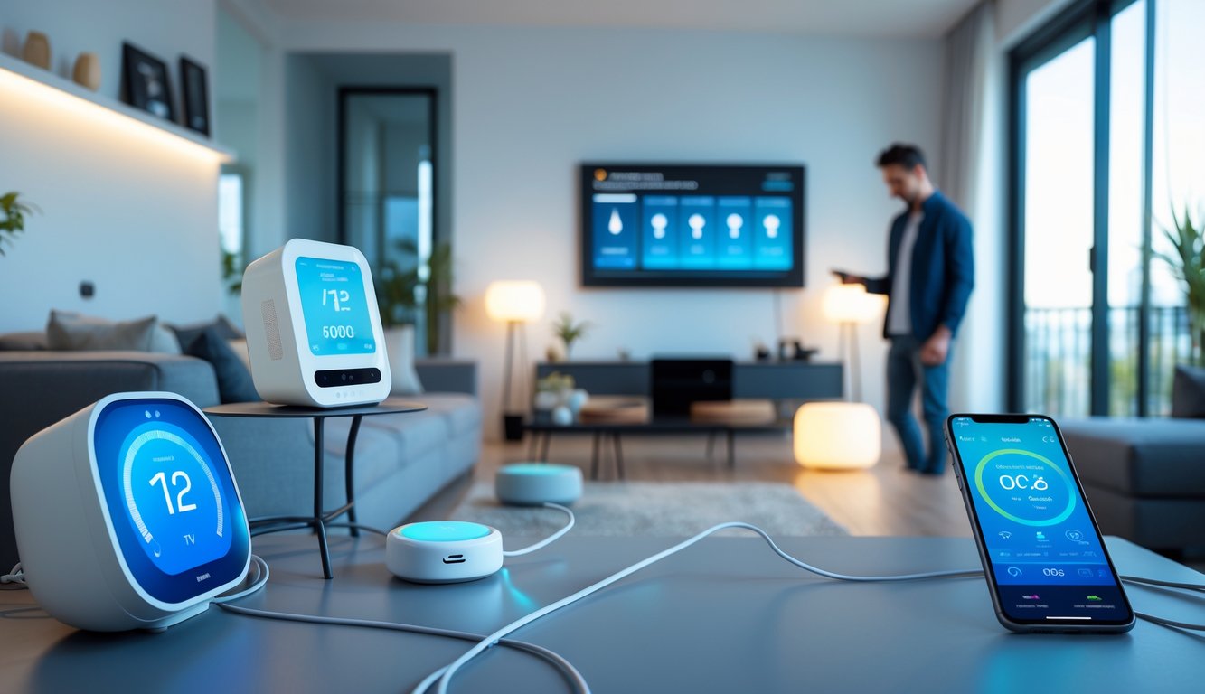 A person in a modern living room with various smart home devices and an energy meter showing power usage.