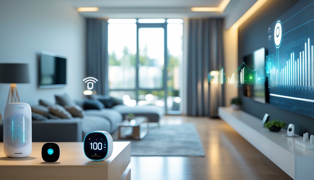Modern living room with multiple smart home devices including a thermostat, speaker, lights, and security camera, showing energy use on a tablet screen.
