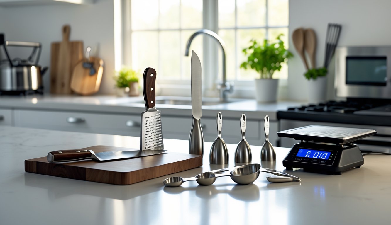 A clean kitchen countertop displaying essential professional kitchen tools including a chef's knife, microplane grater, measuring spoons, silicone spatula, and digital scale with fresh herbs in the background.
