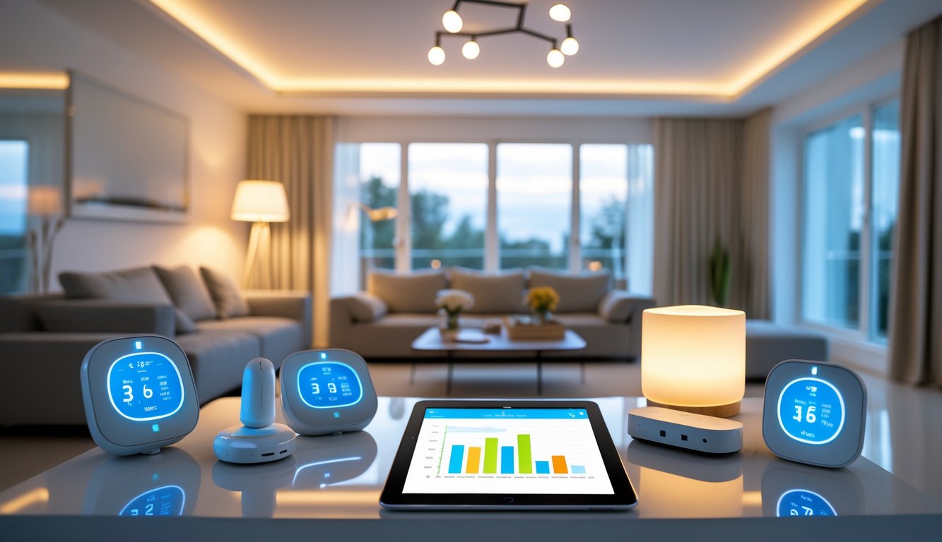 A modern living room with smart lights, smart home devices, and a tablet showing energy usage, illustrating lighting and power consumption.