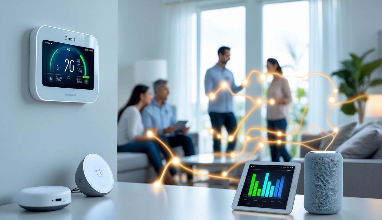A modern living room with a smart thermostat on the wall and a family using smart home devices, showing energy usage visuals.