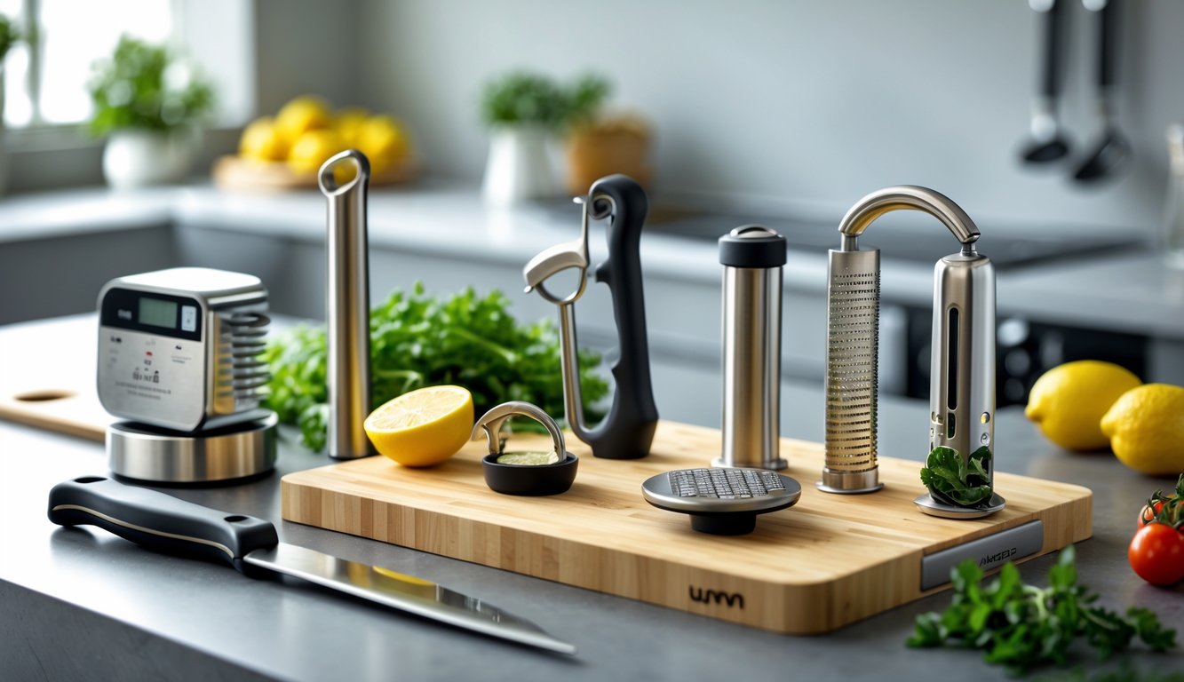 A kitchen countertop with various small kitchen gadgets and fresh ingredients arranged neatly on a wooden cutting board.
