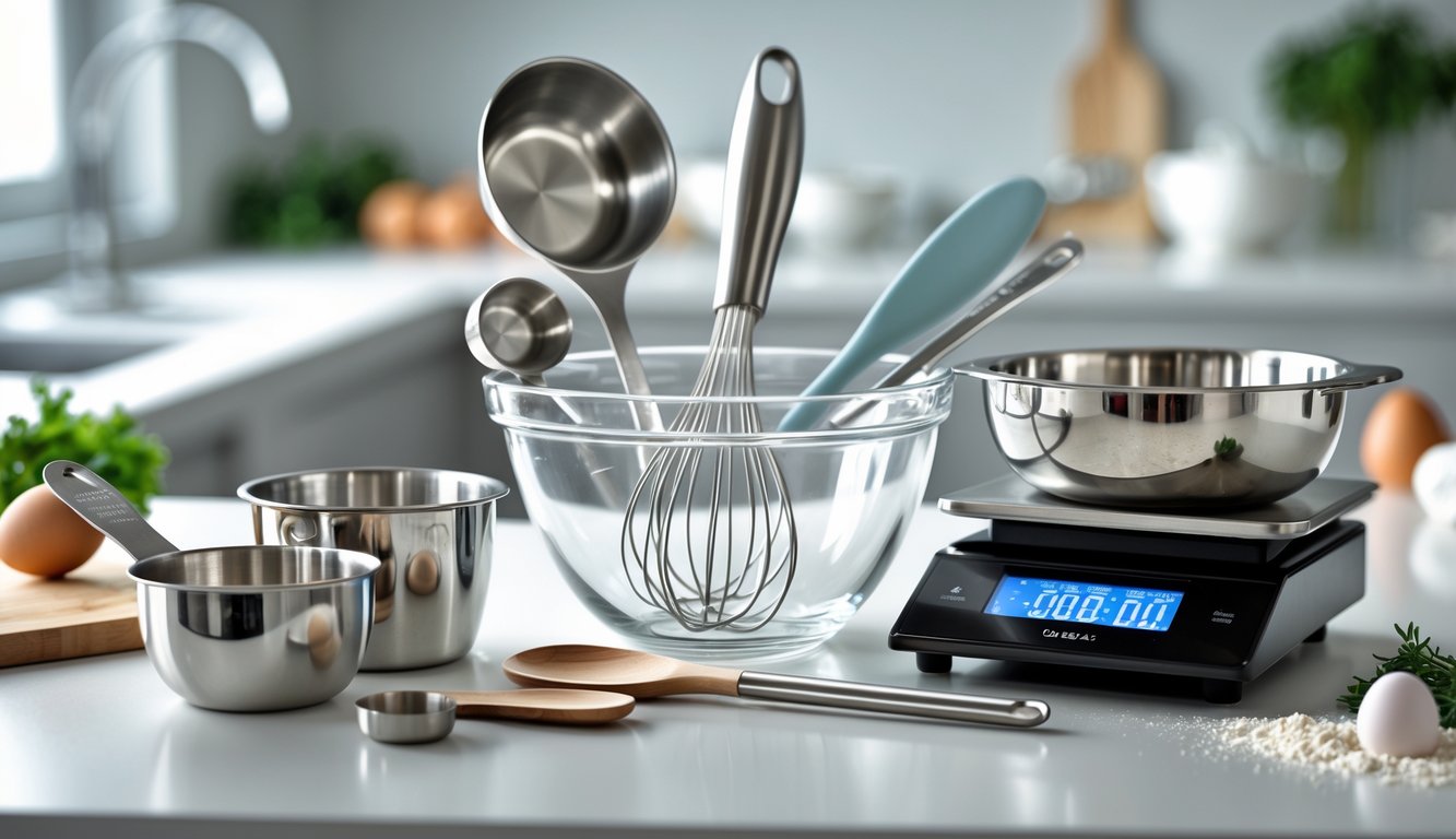 An assortment of kitchen mixing and measuring tools arranged on a countertop, including measuring cups, spoons, a mixing bowl with a whisk, a kitchen scale, and utensils.