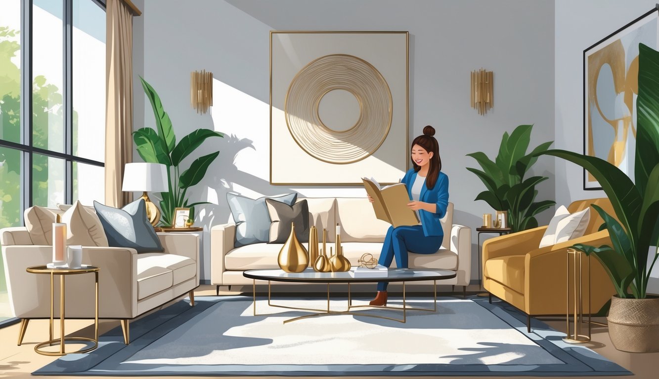 A shopper happily examining an affordable decorative item in a modern living room filled with stylish furniture and decor.