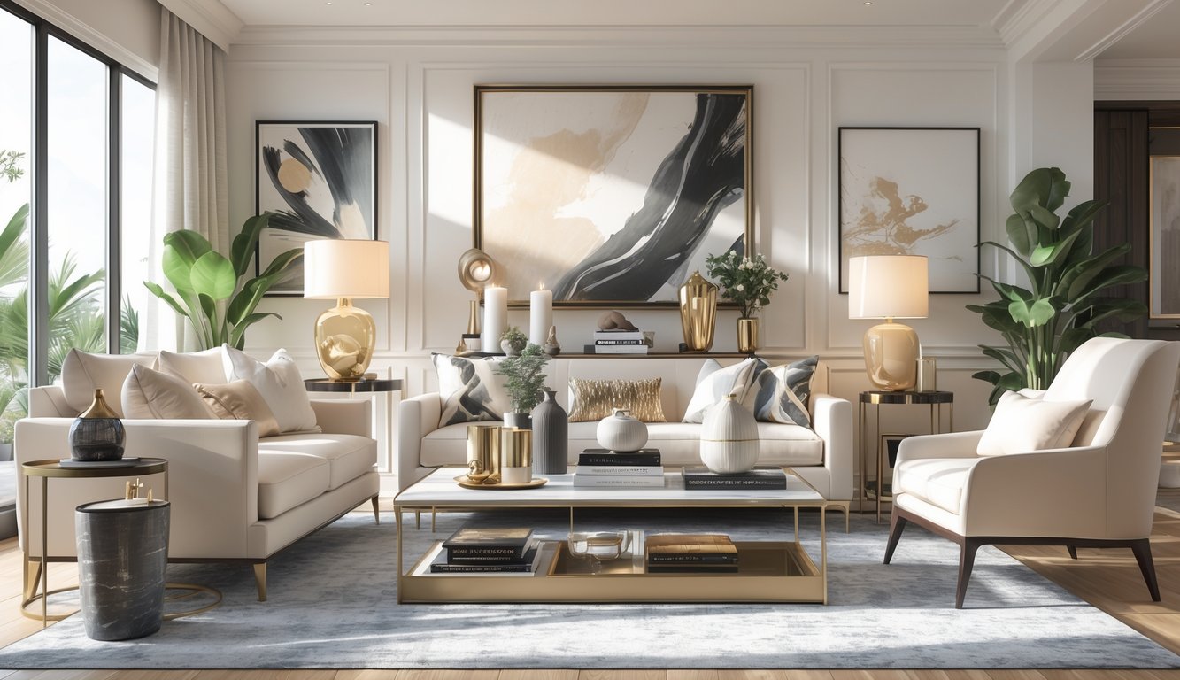 A person examining home decor items in a stylish living room featuring a mix of luxury and affordable decorative pieces.