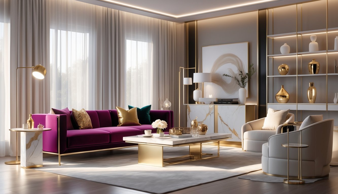 A modern living room with elegant furniture and decorative items that resemble luxury decor but are affordable alternatives.