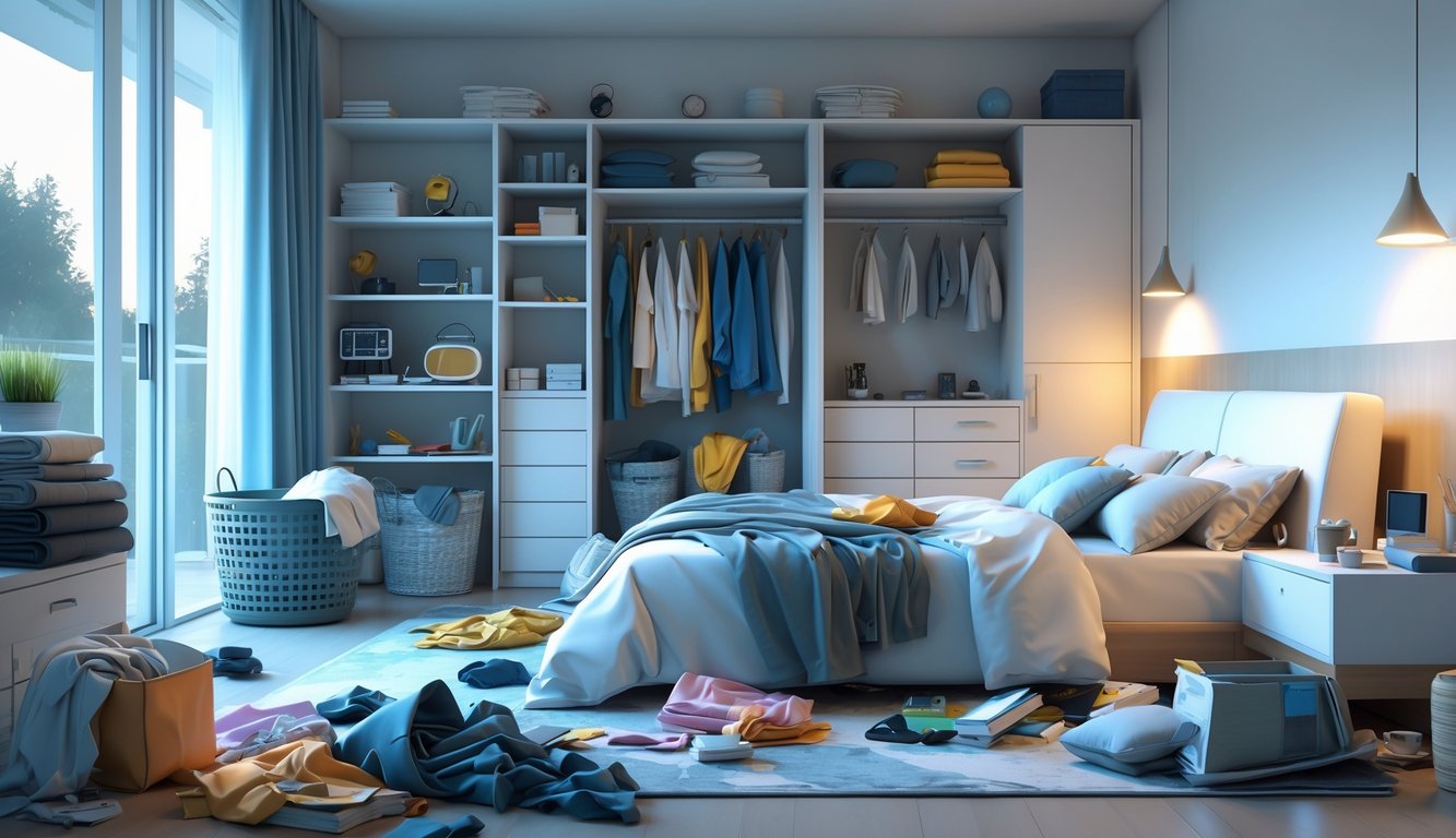 A messy bedroom with scattered clothes, cluttered nightstands, an unmade bed, and poor storage creating a disorganized and restless atmosphere.