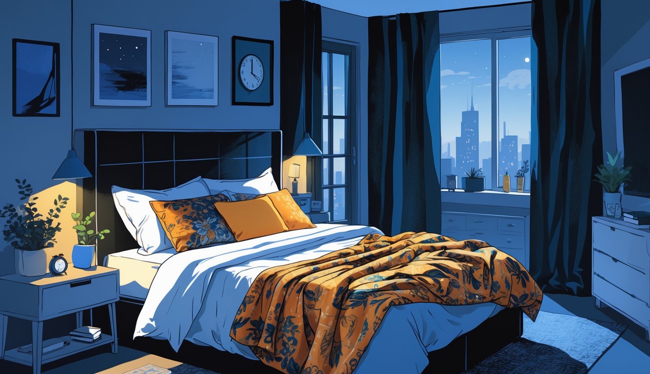 A bedroom with a bed showing mismatched and clashing bedding textures and patterns, cluttered bedside tables, and dim lighting creating an uncomfortable sleep environment.