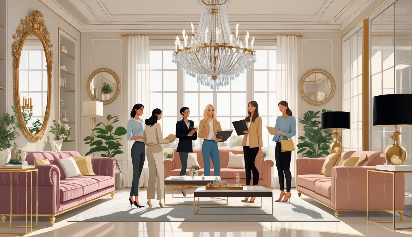 Shoppers in a stylish home decor store comparing elegant luxury items with similar affordable alternatives.