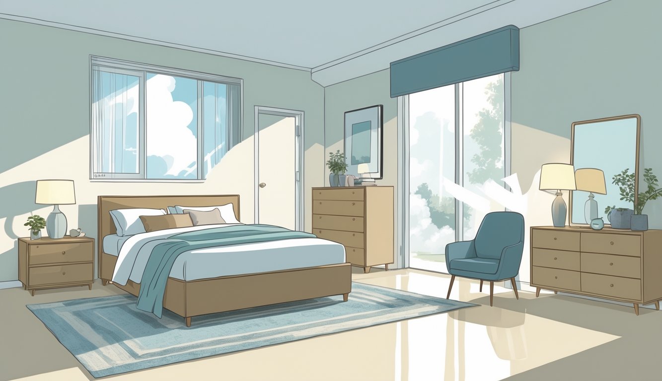 A bedroom showing a bed placed too close to a door and window, cluttered nightstands, and a large dresser blocking the pathway, illustrating poor furniture arrangement affecting sleep.