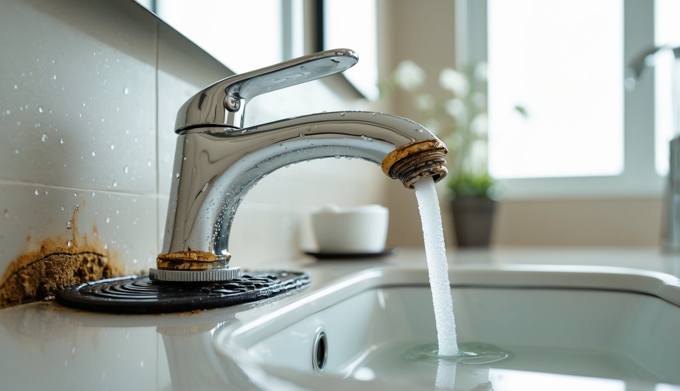 Close-up of a bathroom sink faucet with visible corrosion and water stains under a clean bathroom countertop.