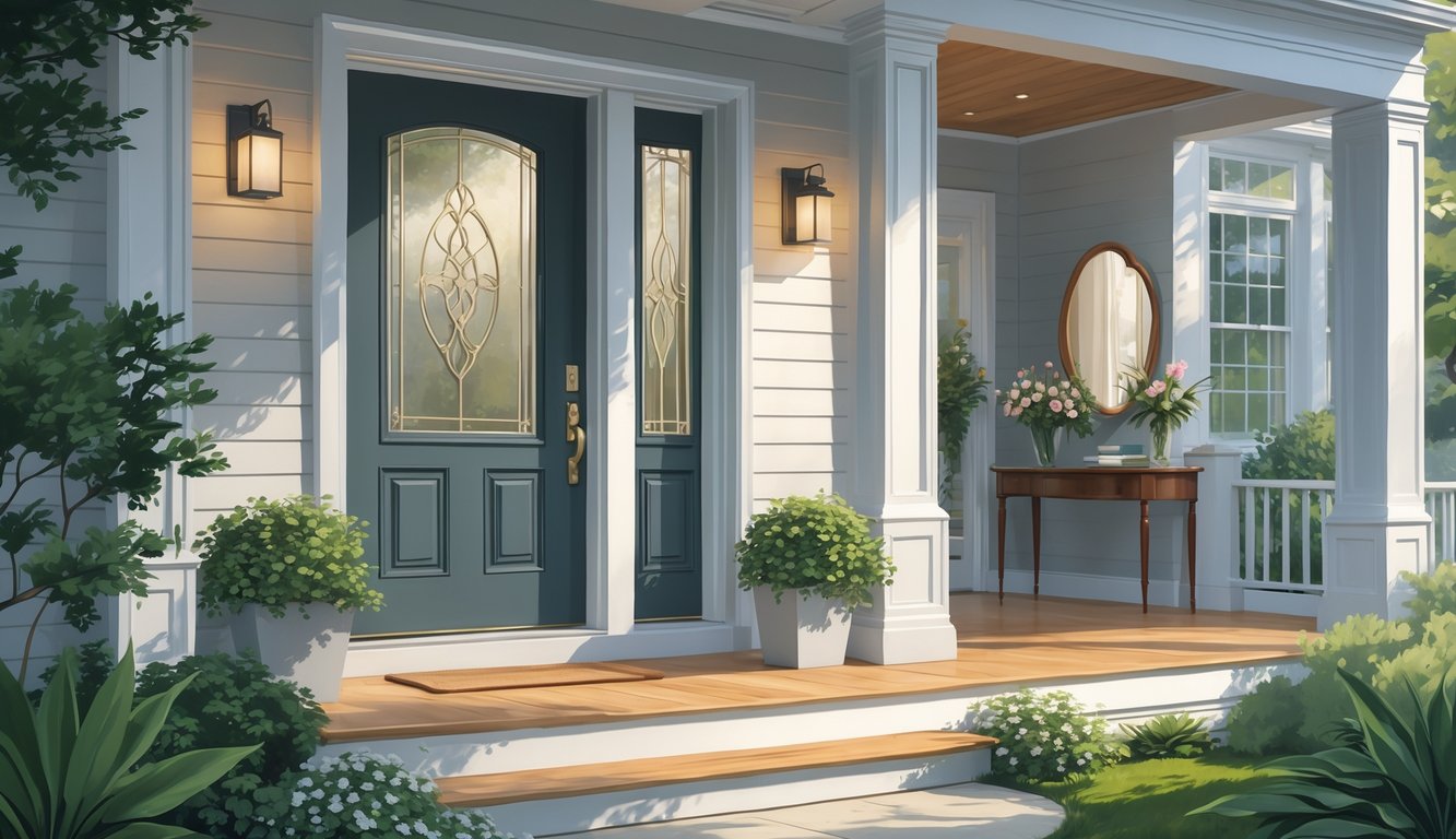 A welcoming home entryway with a modern front door, plants, and a glimpse of a tidy interior foyer.