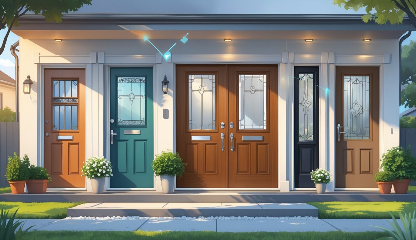 A row of different front doors in a suburban neighborhood with plants and clean steps, highlighting entryway choices that affect home value.