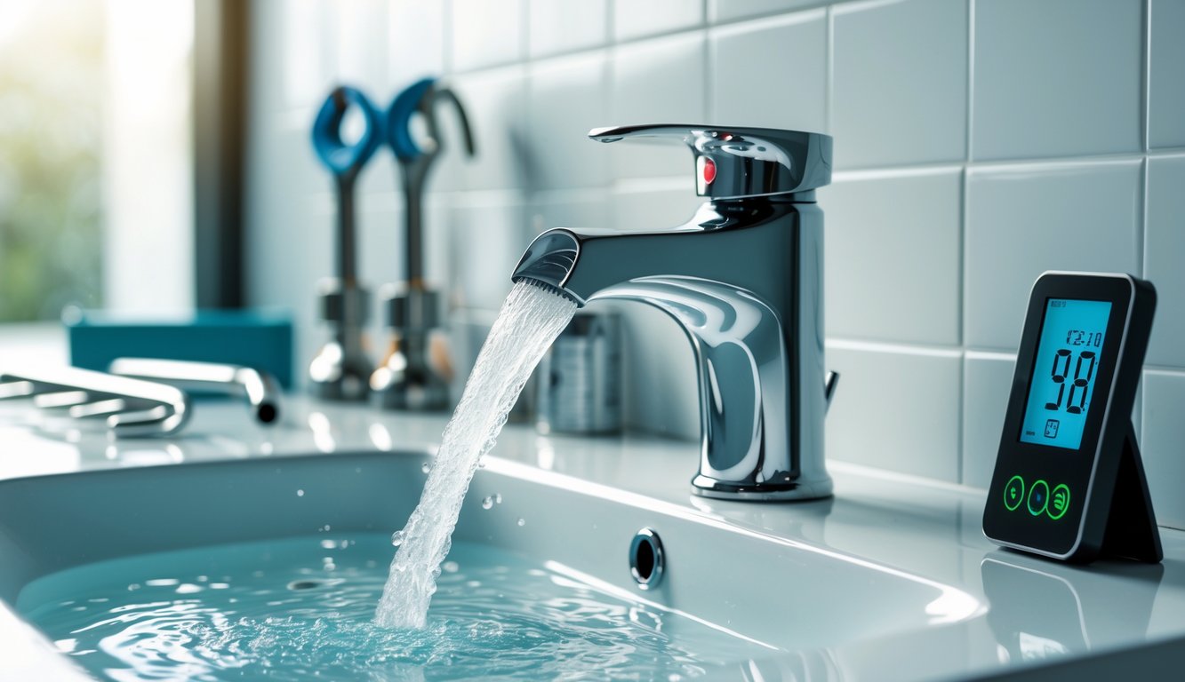 A modern bathroom sink with water flowing from a chrome faucet, a digital thermometer showing warm water temperature, and plumbing tools placed nearby.