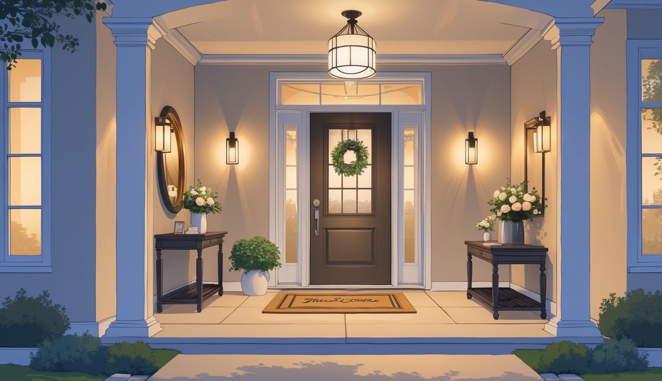 A well-lit home entryway with modern lighting fixtures, a front door, a console table with flowers, and a decorative mirror.