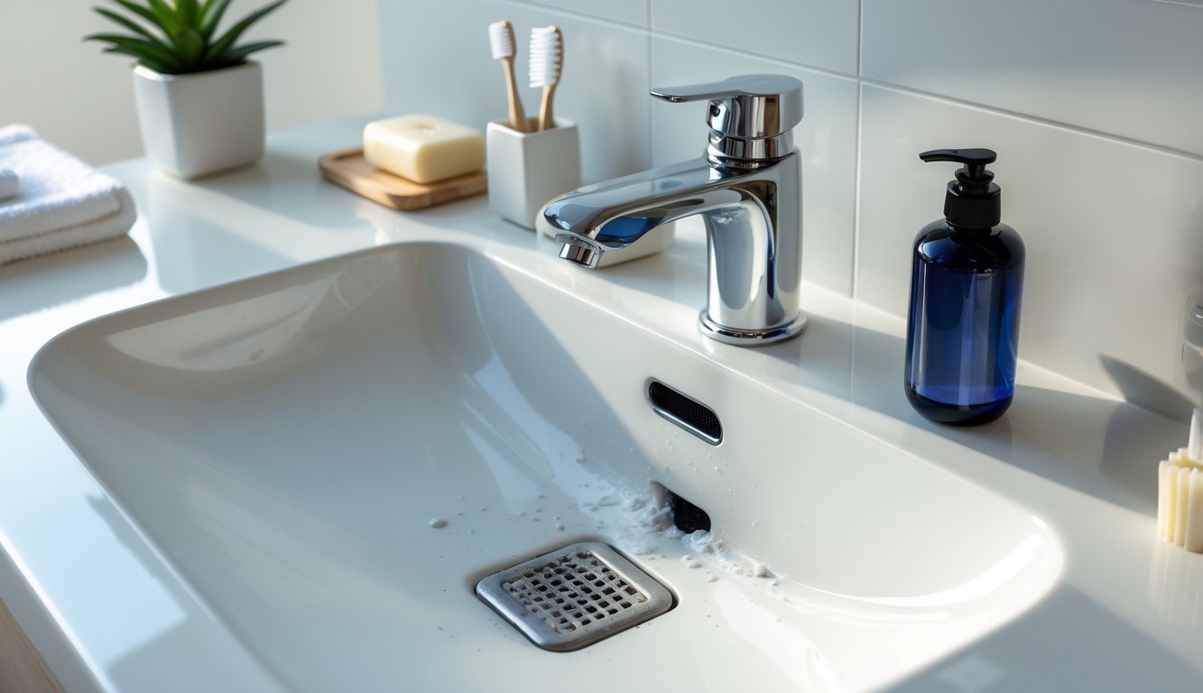 Close-up of a modern bathroom sink with a chrome faucet and drain, surrounded by soap and a toothbrush holder, showing subtle signs of buildup near the drain.