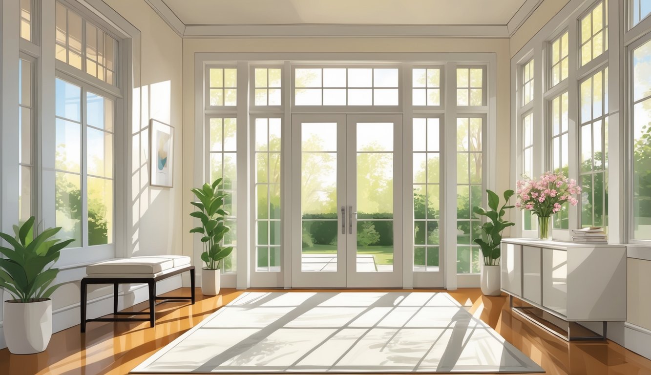 A bright home entryway with large windows letting in natural light, featuring a front door, plants, and a small bench.